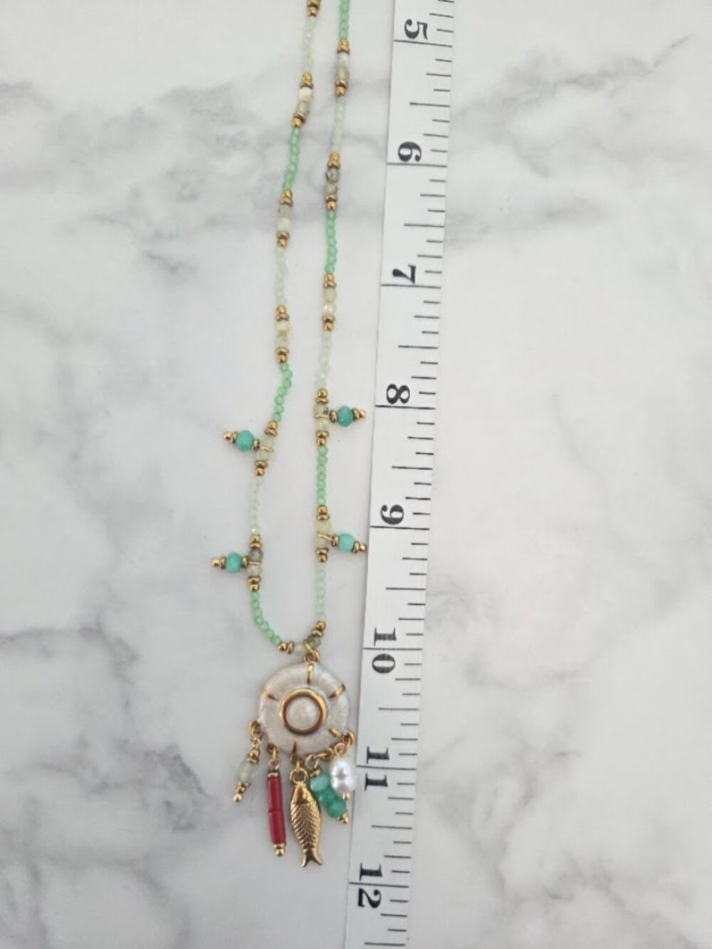 Boho Gold Tone Mint Green Beaded Necklace Fish Charm Dangle Pendant - Picture 12 of 16